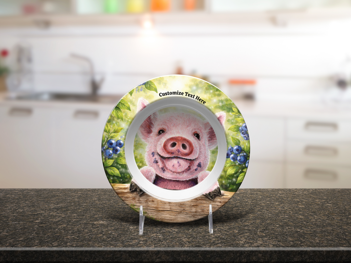 Personalized Kids Plate & Bowl with Pig & Blueberries – Whimsical Tableware for Everyone