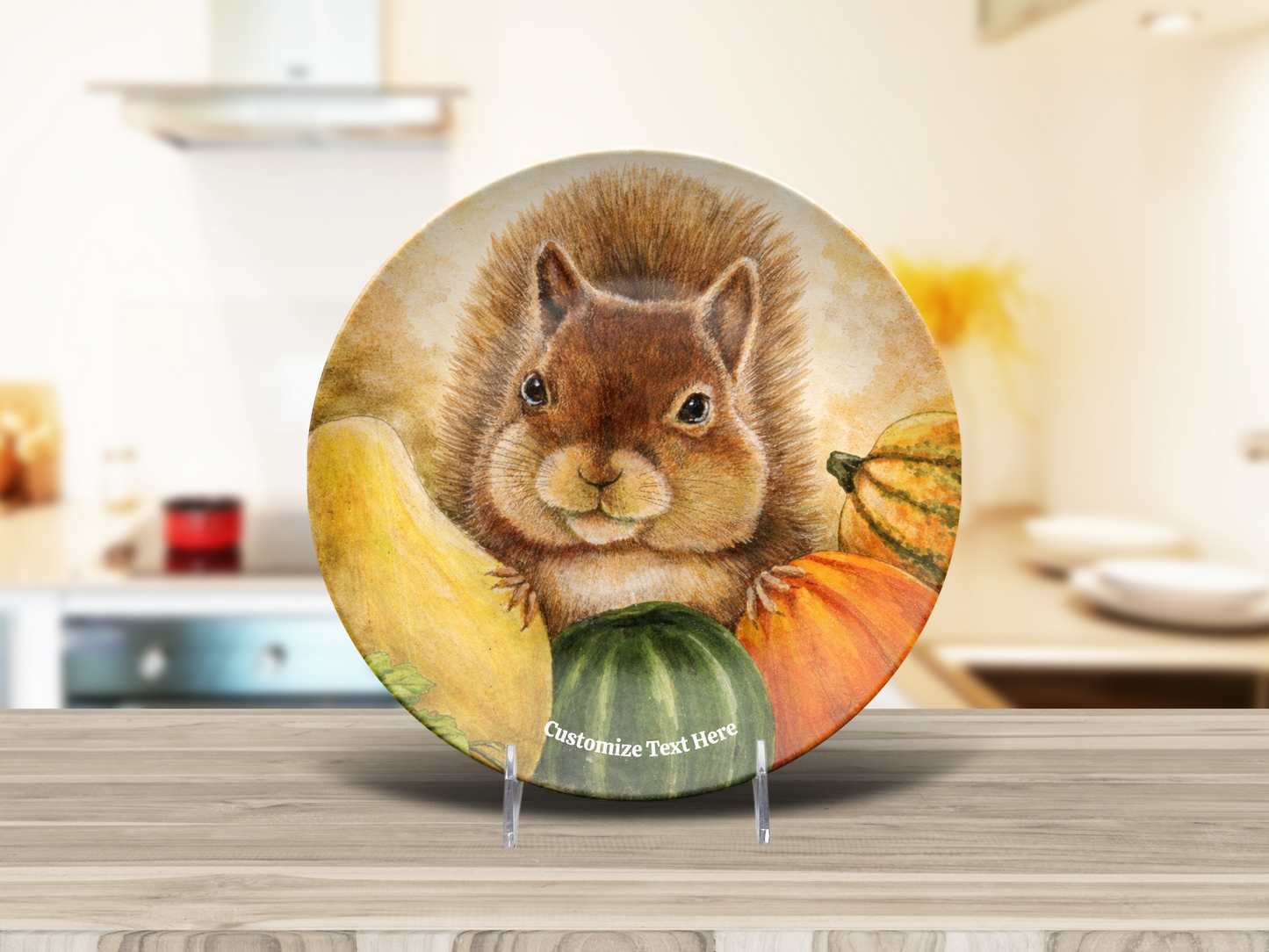 Personalized Plate & Bowl with Squirrel & Squash – Whimsical Tableware for Everyone