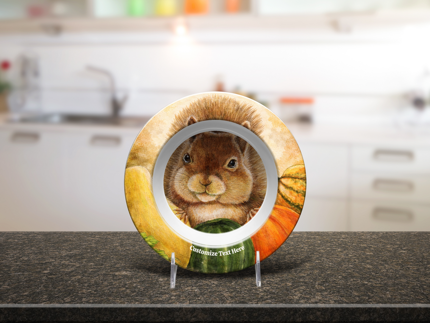 Personalized Plate & Bowl with Squirrel & Squash – Whimsical Tableware for Everyone