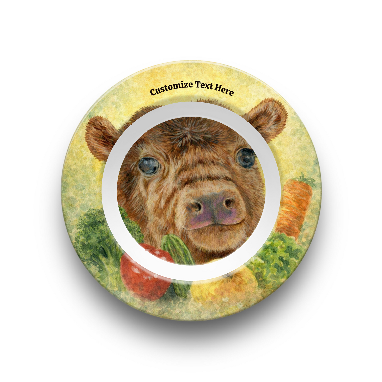 Personalized Plate & Bowl with Cow & Garden Veggies – Whimsical Tableware for Everyone