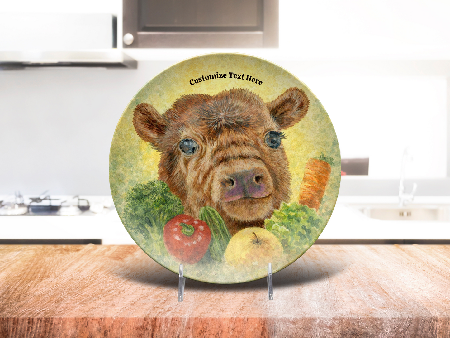 Personalized Plate & Bowl with Cow & Garden Veggies – Whimsical Tableware for Everyone