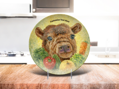 Personalized Plate & Bowl with Cow & Garden Veggies – Whimsical Tableware for Everyone