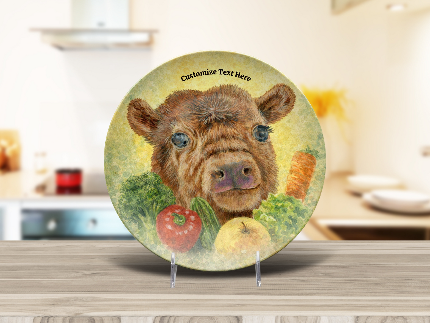 Personalized Plate & Bowl with Cow & Garden Veggies – Whimsical Tableware for Everyone