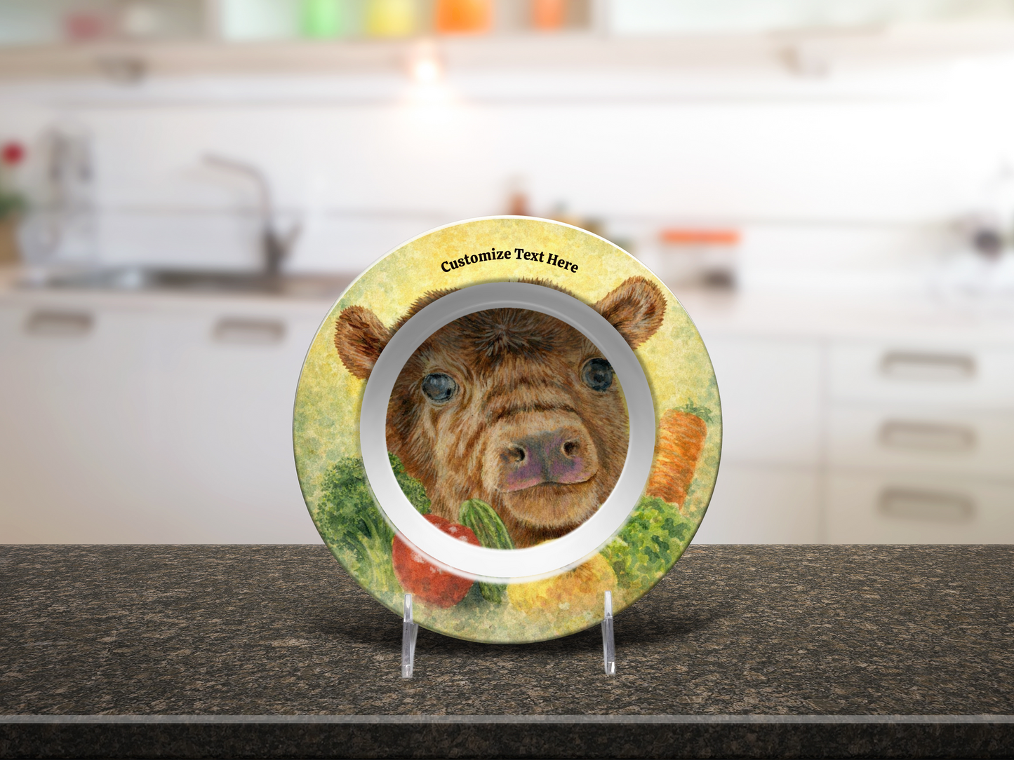 Personalized Plate & Bowl with Cow & Garden Veggies – Whimsical Tableware for Everyone