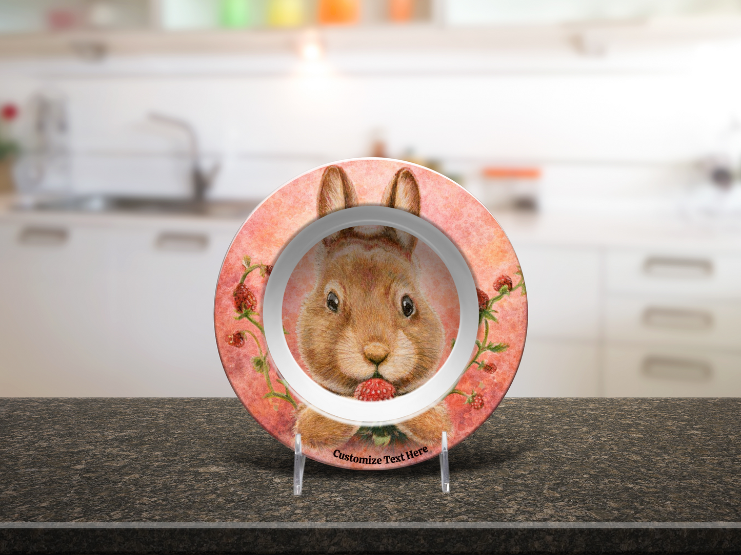 Personalized Kids Plate & Bowl with Bunny & Strawberry – Whimsical Tableware for Children