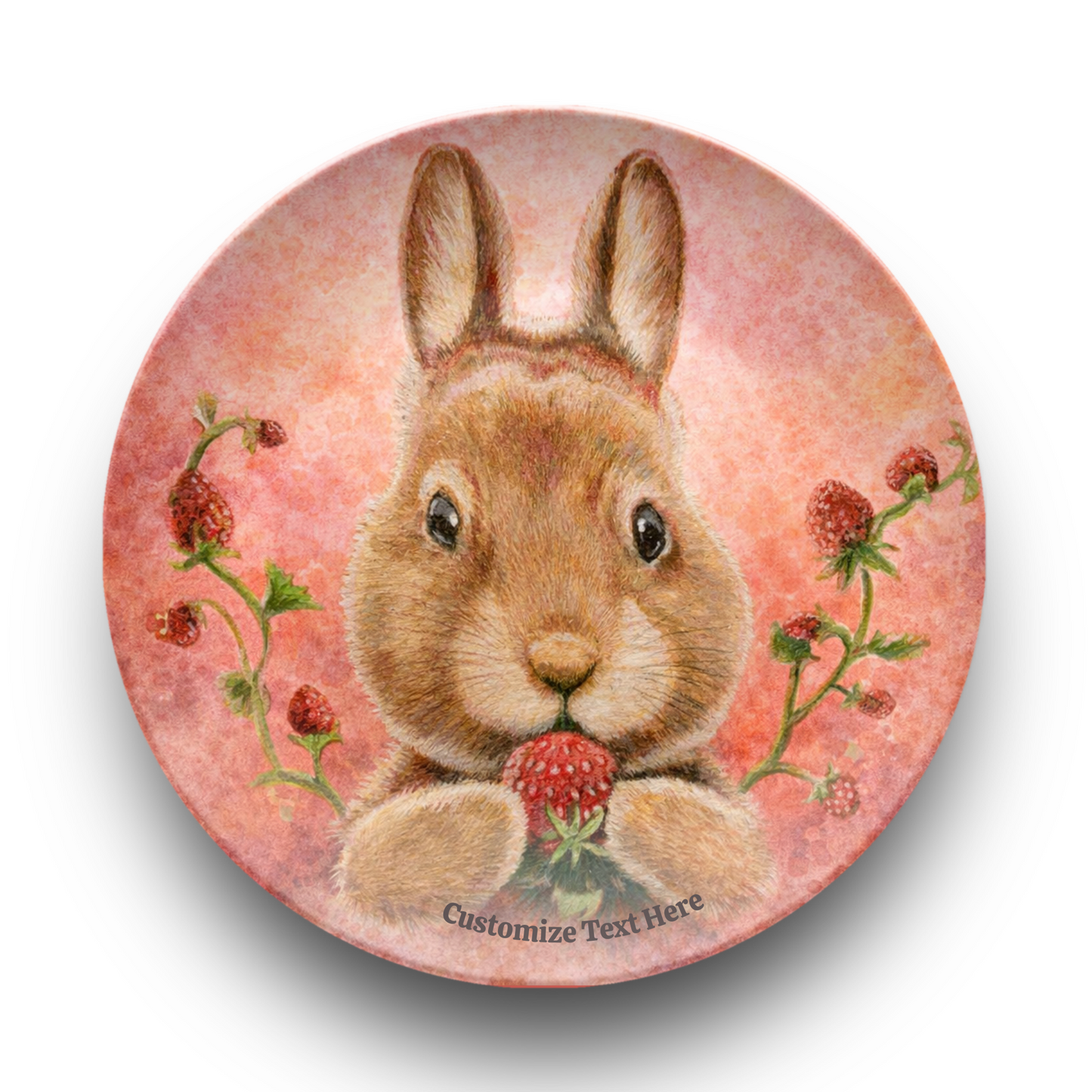 Round coaster with a rabbit holding a strawberry on a pink floral background
