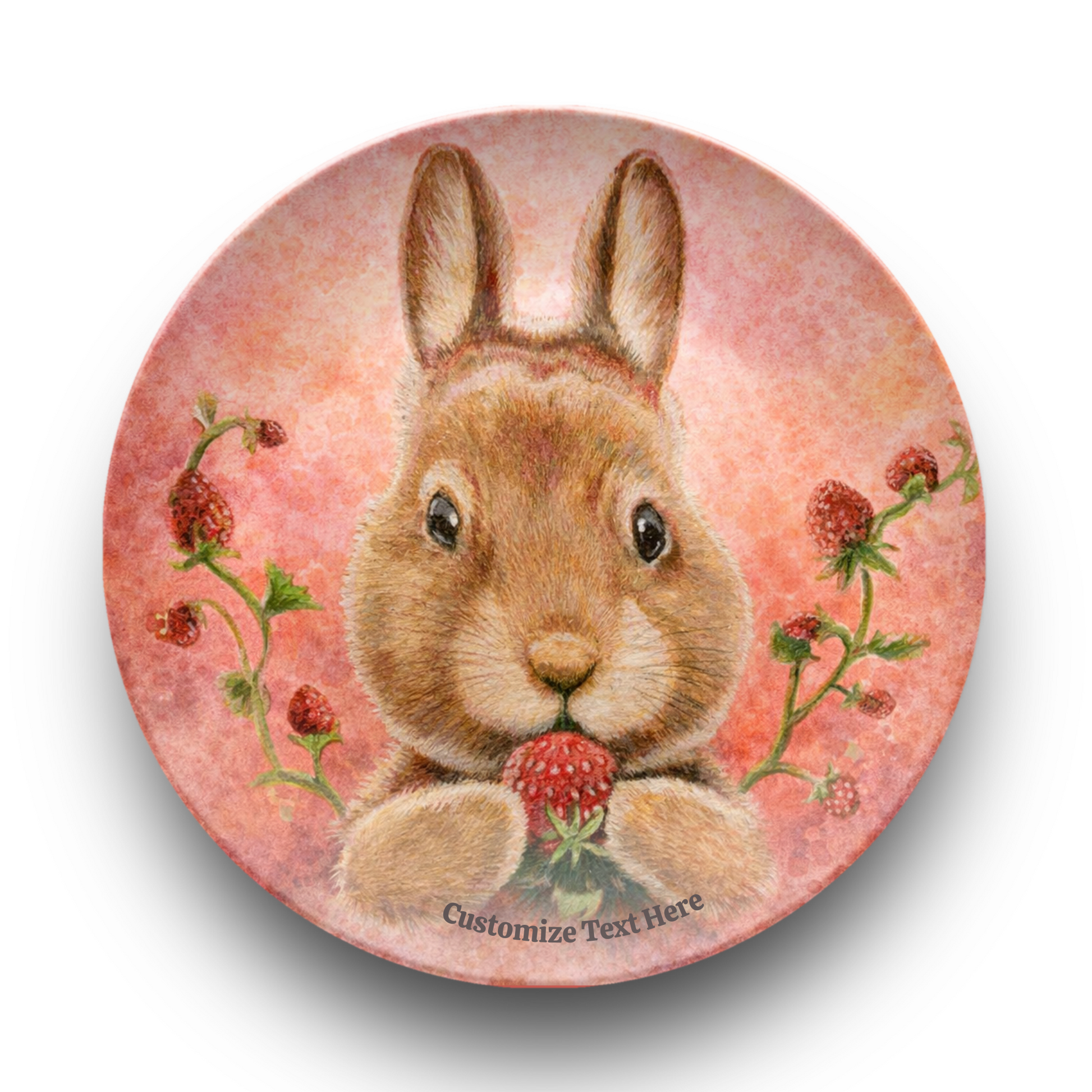 Round coaster with a rabbit holding a strawberry on a pink floral background
