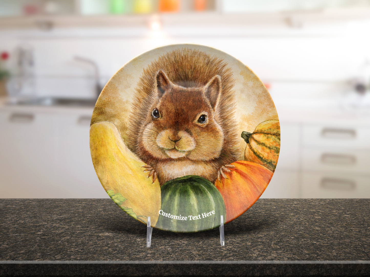 Personalized Plate & Bowl with Squirrel & Squash – Whimsical Tableware for Everyone