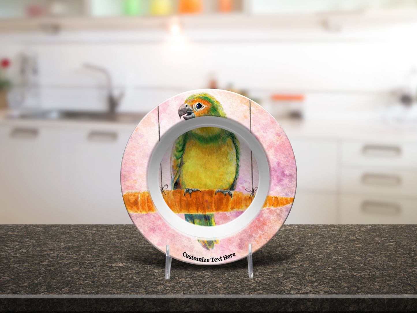 Personalized Kids Plate & Bowl with Parrot on a Carrot – Whimsical Tableware for Everyone