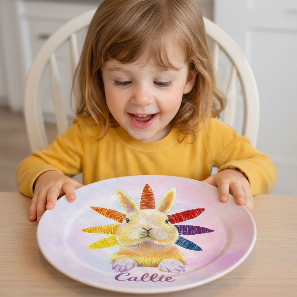 Child holding a plate with a colorful bunny design and the name 'Callie' on it.